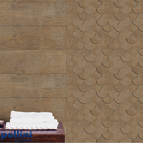 Ceramic mosaic in wood effect for the wall of livign room or kitchen or bathroom of a house and realized with the waterjet by Pollini Mosaici